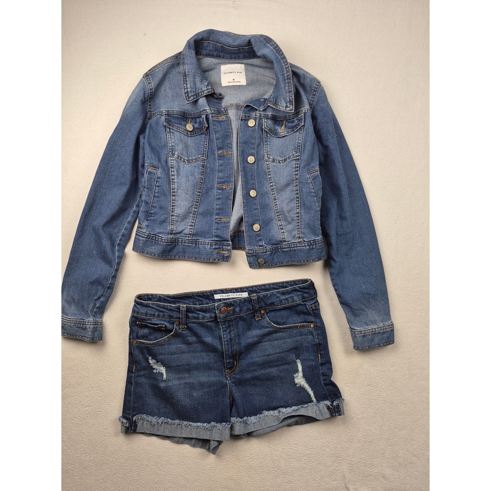 Celebrity Pink Womens Denim Jacket Cuffed Shorts Blue Distressed Cropped 11 Med